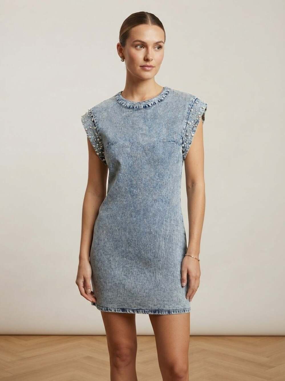 LALA Factory Acid Wash Denim Mini Dress With Pearls And Rhinestones  Size M